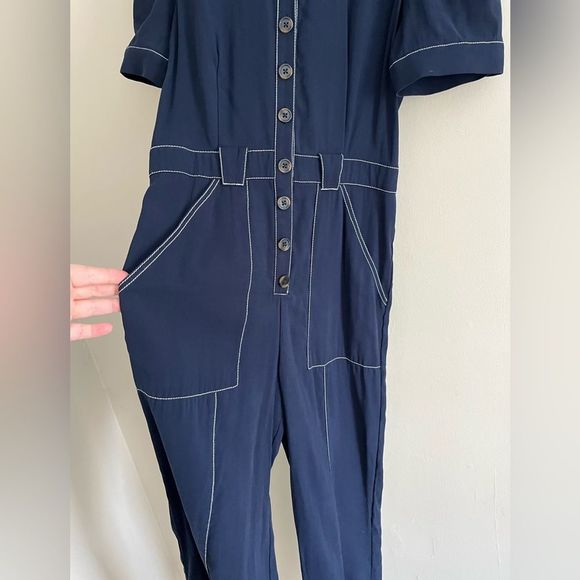 A LOVES A blue contrast stitch retro inspired wide leg button front jumpsuit - Picture 4 of 9